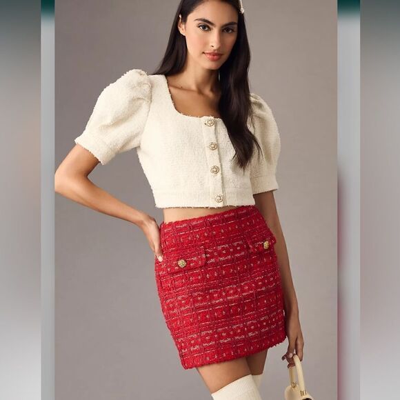 Anthropologie Endless Rose Red Tweed Gold Sparkle Holiday Mini Skirt - Picture 2 of 15